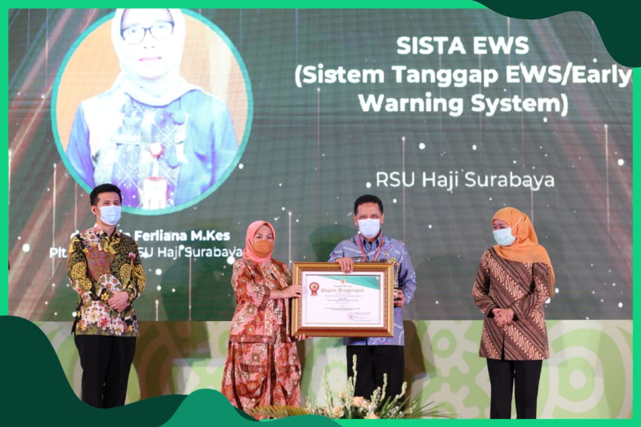 Penyerahan Penghargaan Top 45 Kompetisi Inovasi Pelayanan Publik (Kovablik) Jawa Timur Tahun 2020, di Batu, Jawa Timur, RSU HAJI Surabaya dengan Sista EWS (SistemTanggap EWS/Early Warning System)